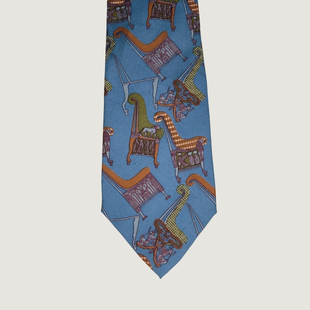 British Museum Mens Silk Tie Blue Egyptian Chair Artifact Novelty Vintage Classy